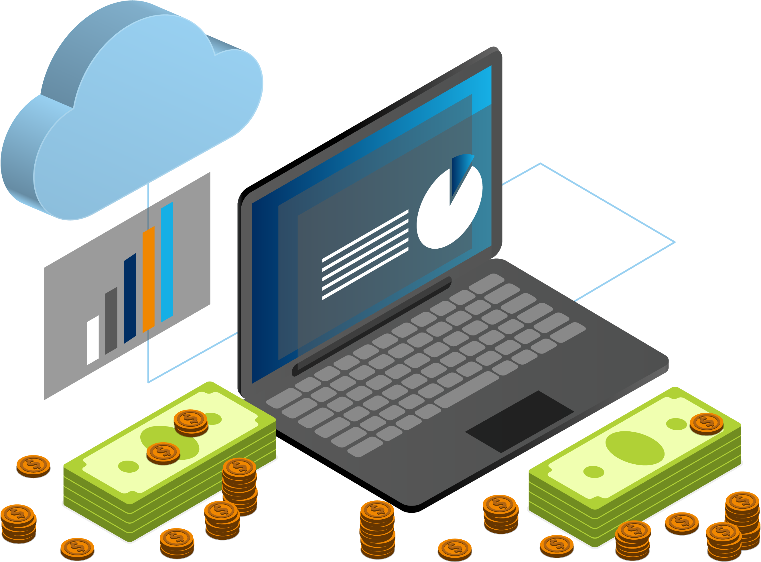 Graphic illustration of a computer with money
