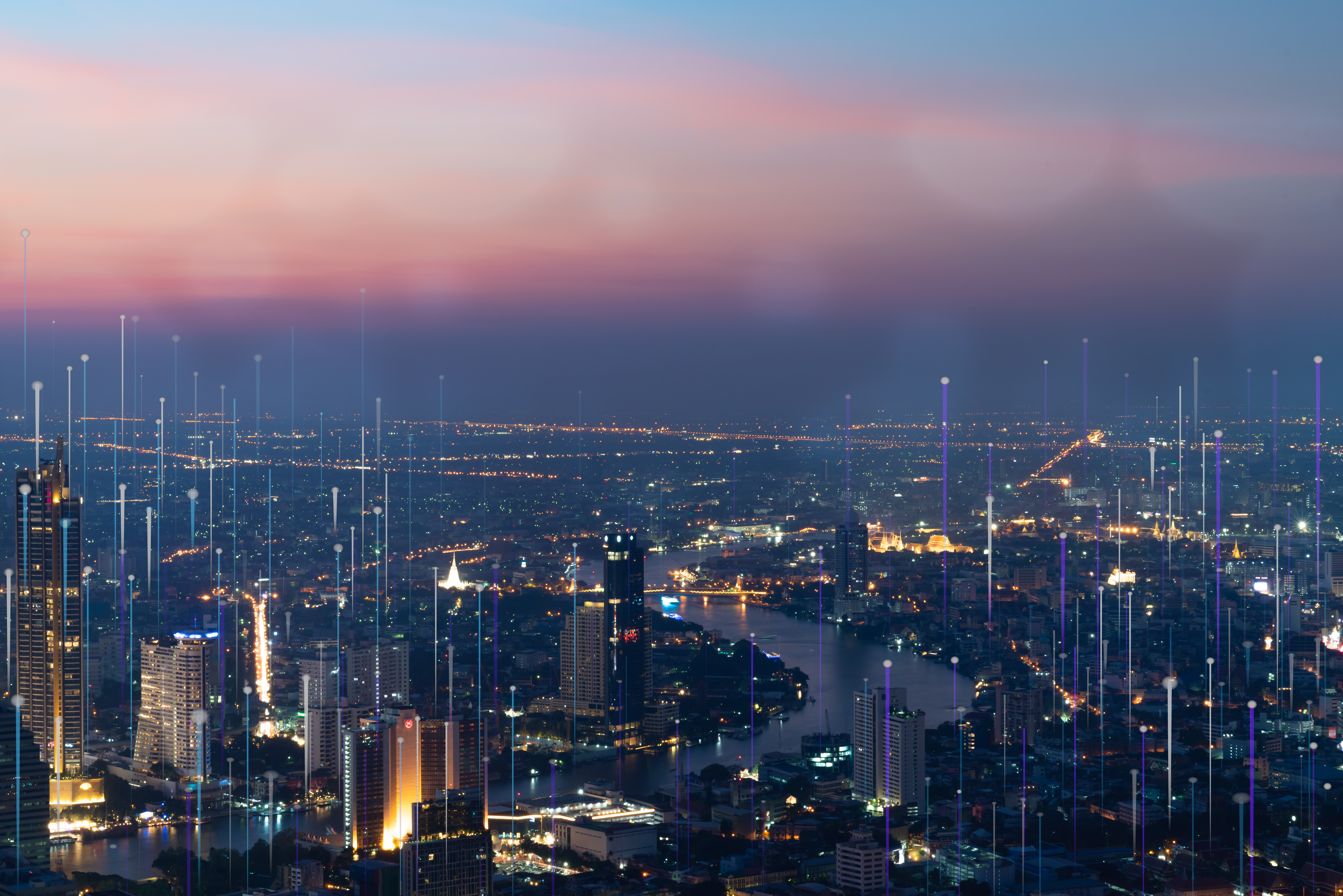 Smart city dot point connect with gradient line, connection technology metaverse concept. Bangkok, Cityscape night city banner with big data.