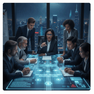 Business continuity strategy planning session with IT and business leaders reviewing disaster recovery architecture